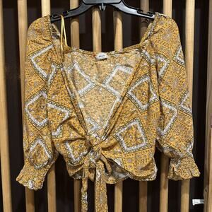 Pimkie Blouse Women M Yellow Boho Tie Front Floral Peasant Top Lightweight